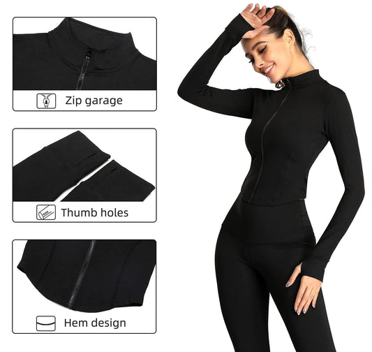 Women's Tracksuit Jacket - Slim Fit Long-Sleeved Fitness Coat with Thumb Holes